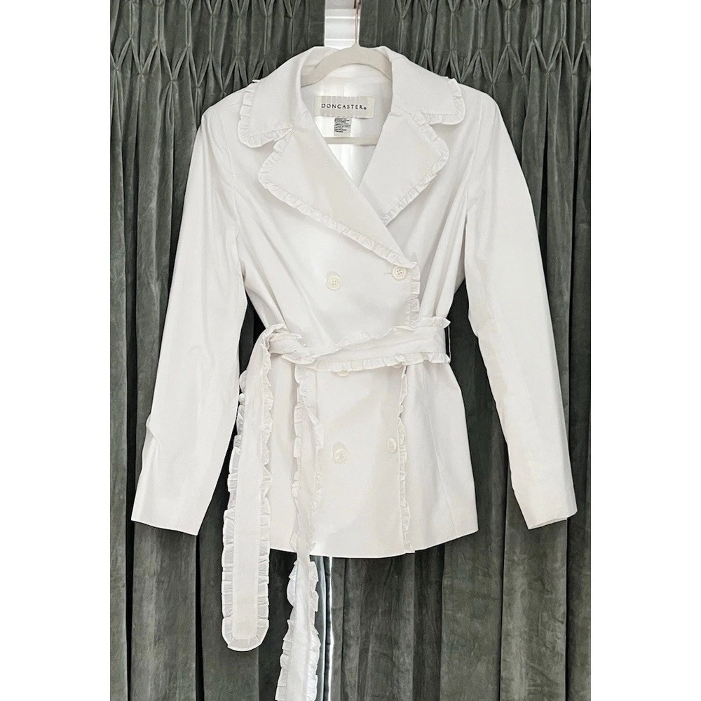 Vtg Doncaster White Trench Blazer Ruffle Sz 12 Double Breast Button Belt Cotton
